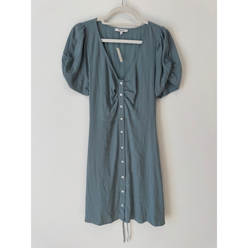 Madewell V-Neck Button-Front Mini Dress in Faded River Blue, Size 8 US, NWT - Picture 2 of 11
